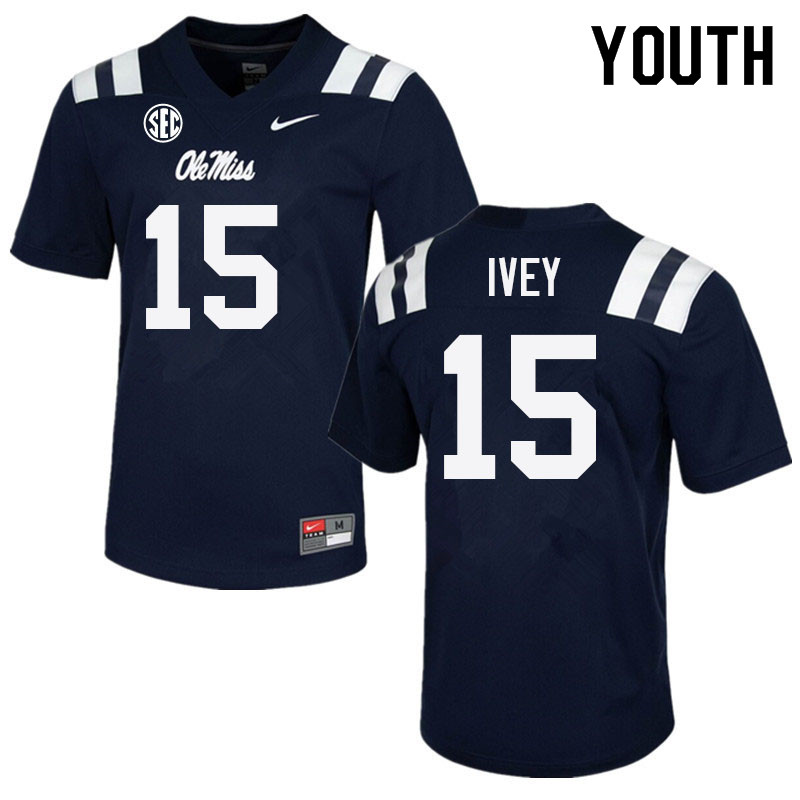 Jared Ivey Ole Miss Rebels NCAA Youth Navy #15 Stitched Limited College Football Jersey VWT0358MA